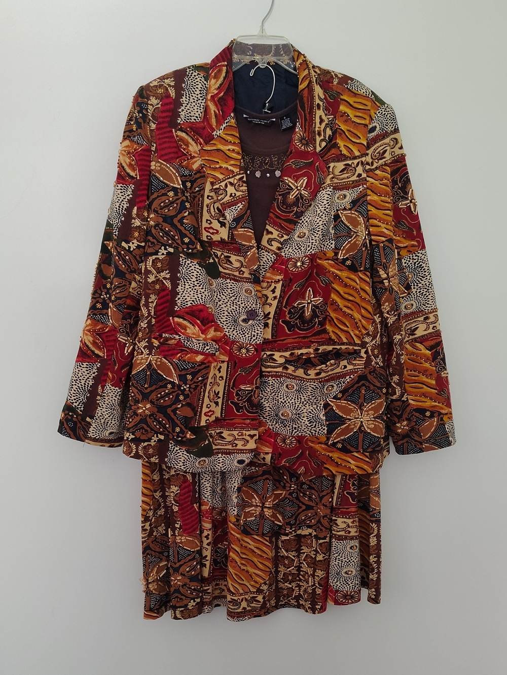 3-Pc Sandy Starkman Muti-Color Patchwork Print Skirt Suit & Matching Brown Top